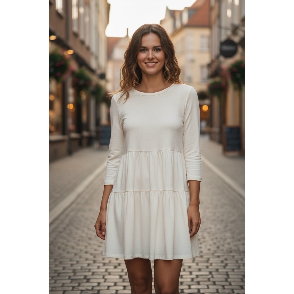 Zenana Premium White Dress 3/4 Sleeve Ruffle Hem Casual Tunic